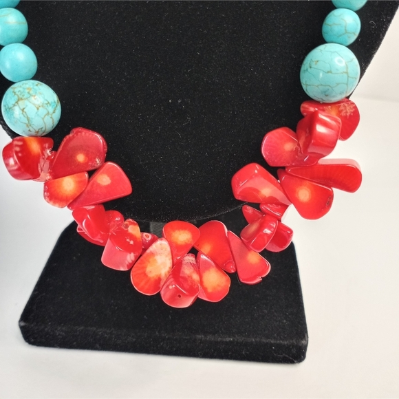 Set of 2 Womens Necklace Stone Bracelet, Turquoise Coral  Nautical Boho Red - Picture 4 of 6